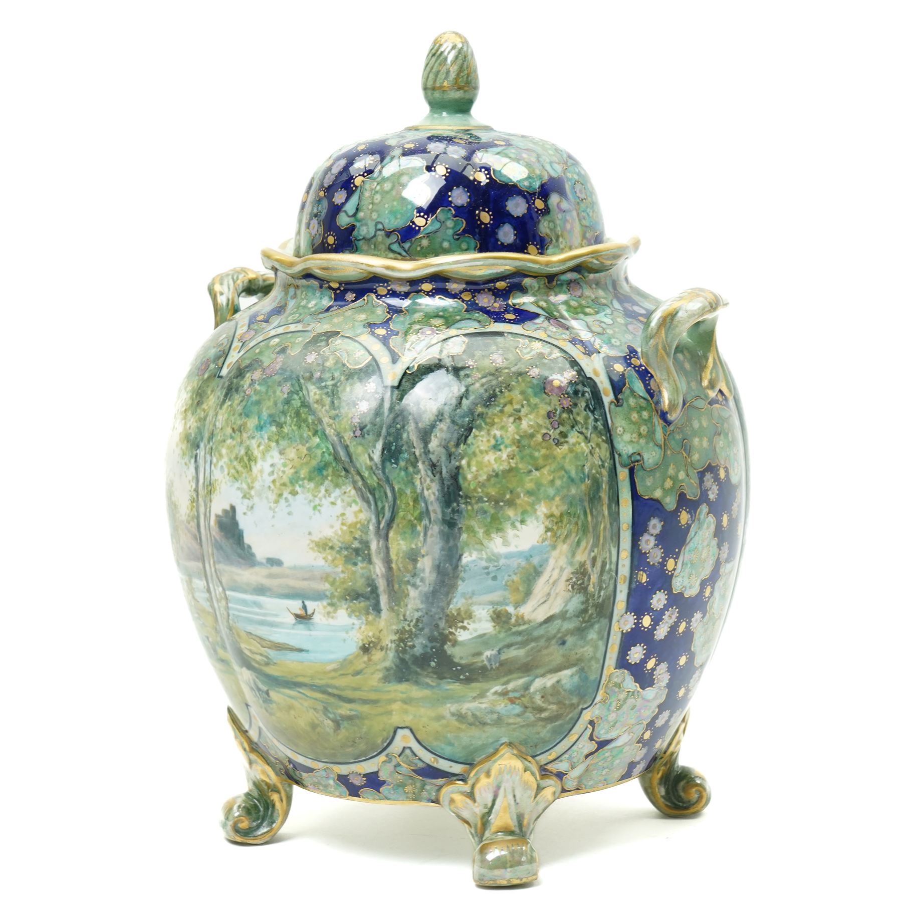Pair of Keeling & Co Losol  ware lustre vases and covers of square spreading form decorated with flowers H33cm, a matching baluster vase and a lustre jar and cover decorated with landscape panels