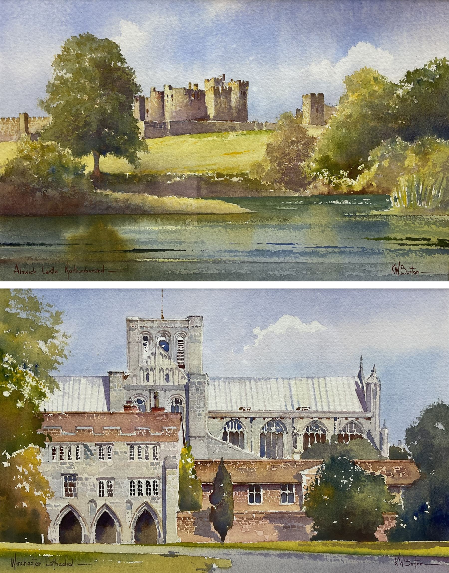 Kenneth W Burton (British 1946-): 'Alnwick Castle - Northumberland' and 'Winchester Cathedral', pair watercolours from the 'Counties of Britain' series signed, titled verso 14cm x 21cm (2)