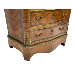 Mid-20th century Louis XVI design Kingwood and walnut secretaire à Abattant, shaped serpentine form with dark rouge variegated marble top, the fall front disguised as three drawers enclosing birdseye maple interior with shelf, drawers and writing surface, four functioning drawers below, decorated with cast gilt metal mouldings and mask cartouches, on skirted base with egg and dart moulded gilt metal edge