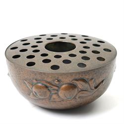 Newlyn school Arts and Crafts copper rose bowl, the planished exterior with fruit and leav...