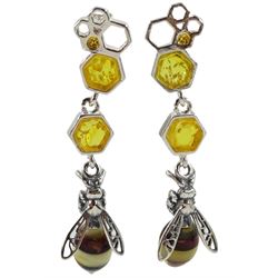 Pair of silver Baltic amber bee and honeycomb pendant stud earrings