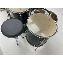 Rockburn eight-piece black drum kit with bass drum, floor tom and five other toms and snare drum; together with two other snare drums; Haosen bass drum; four cymbals; various stands, foot pedals, stool, tri-angle, drum sticks etc
