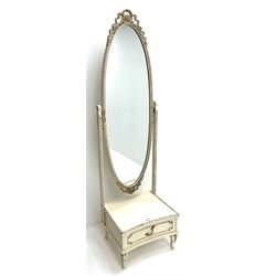 French style cream painted cheval mirror, single drawer on cabriole feet