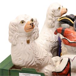Pair of Staffordshire pottery spaniels H32cm, smaller pair and three Toby jugs