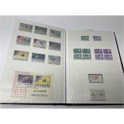 Thematic stamp collection relating to satellites, telecommunications and space from various Countries including Angola, Antigua, Ascension, Australia, Bahamas Barbados, Bhutan, British Virgin Islands, Denmark, Ecuador, Israel etc, a mint and used collection housed in three stockbooks