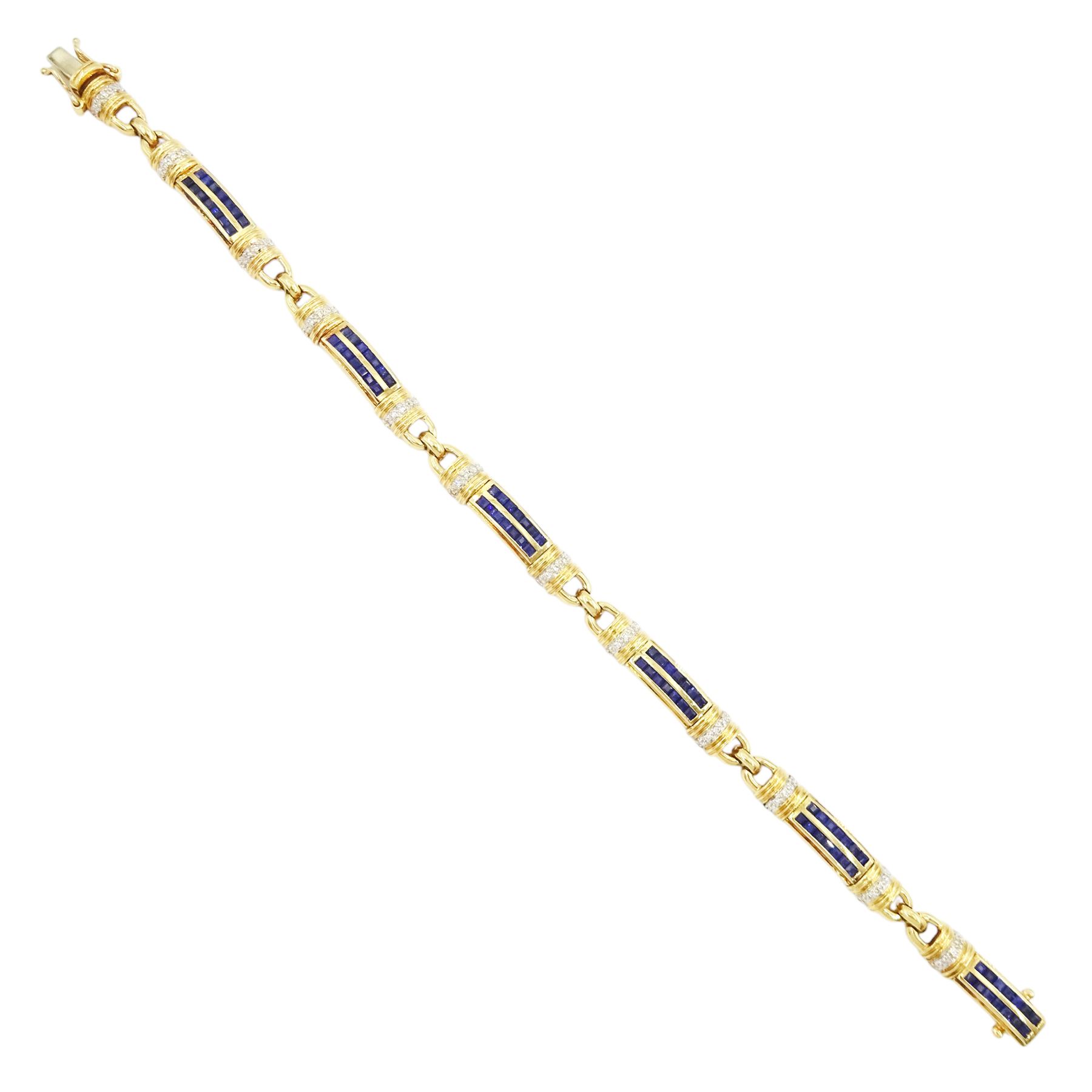 18ct gold sapphire and diamond bracelet, each link set with two rows of rectangular step cut sapphires, with pave set diamonds either side, stamped, total diamond weight 0.40 carat, total sapphire weight 2.50 carat, with World Gemological Institute report