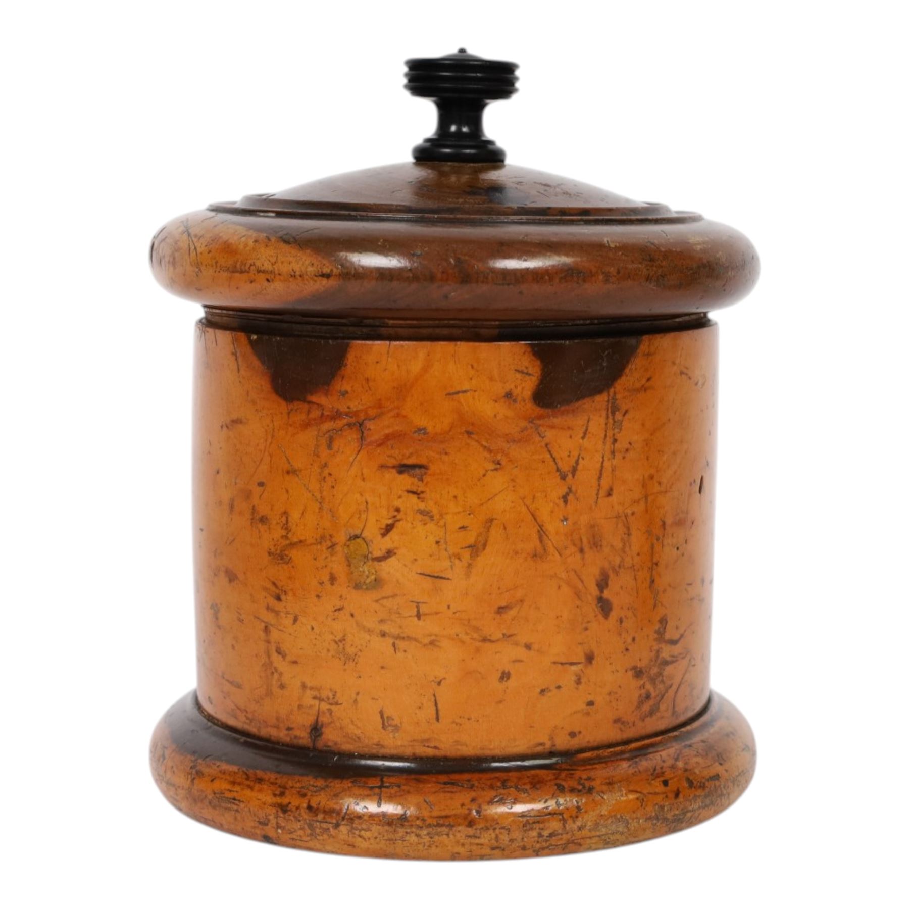 19th Century lignum vitae string box, the screw fitting cover with ebonised finial, H20cm