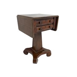 Victorian mahogany drop leaf work table, fitted with two drawers, square tapered column on scrolling quatrefoil base with scrolled feet