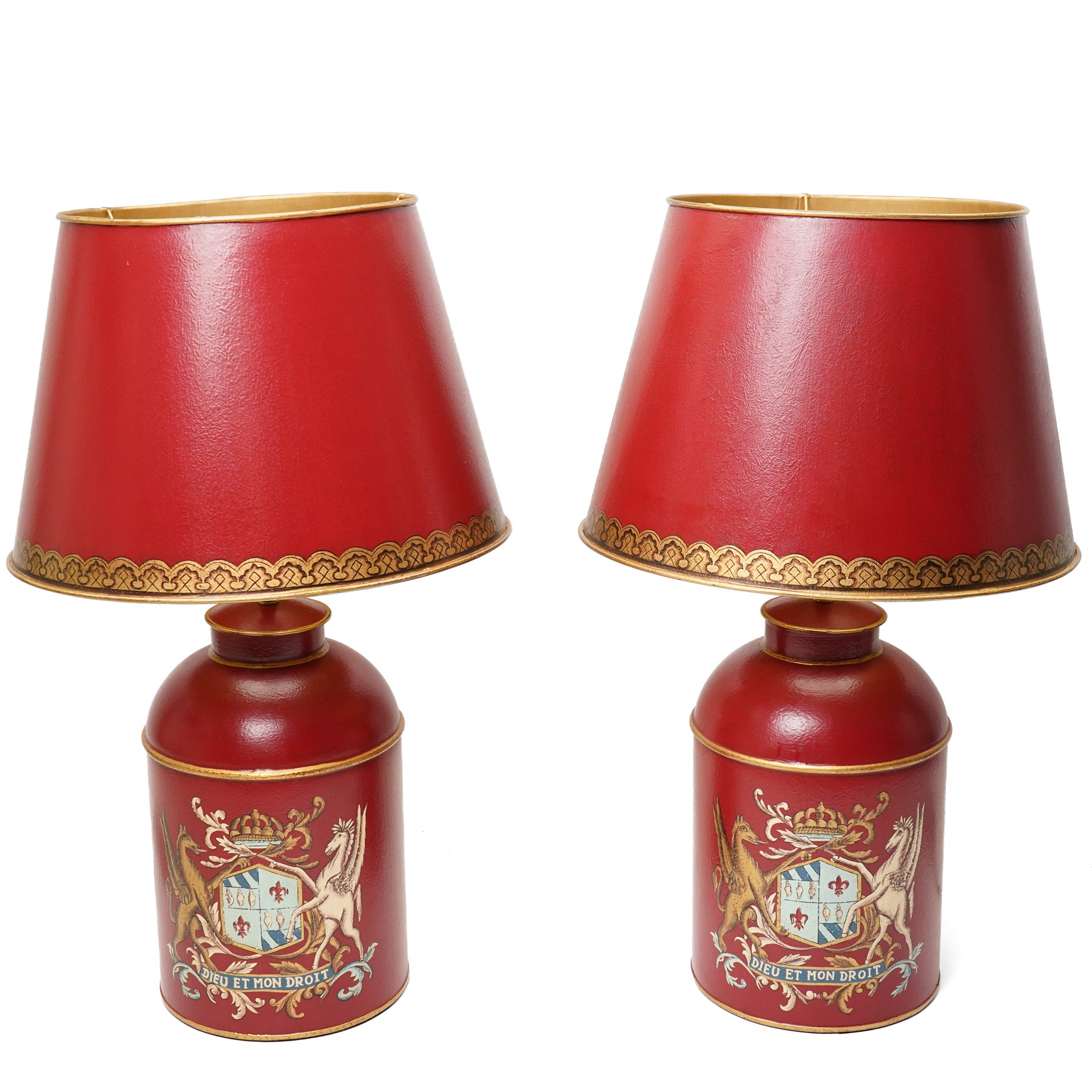 Pair of late 20th century tole peinte tea canister electric table lamps decorated with the royal coat of arms on a red ground and with metal shades H72cm
