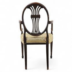 Edwardian painted open armchair, oval back with downswept arms, on carved tapered supports terminating in spade feet