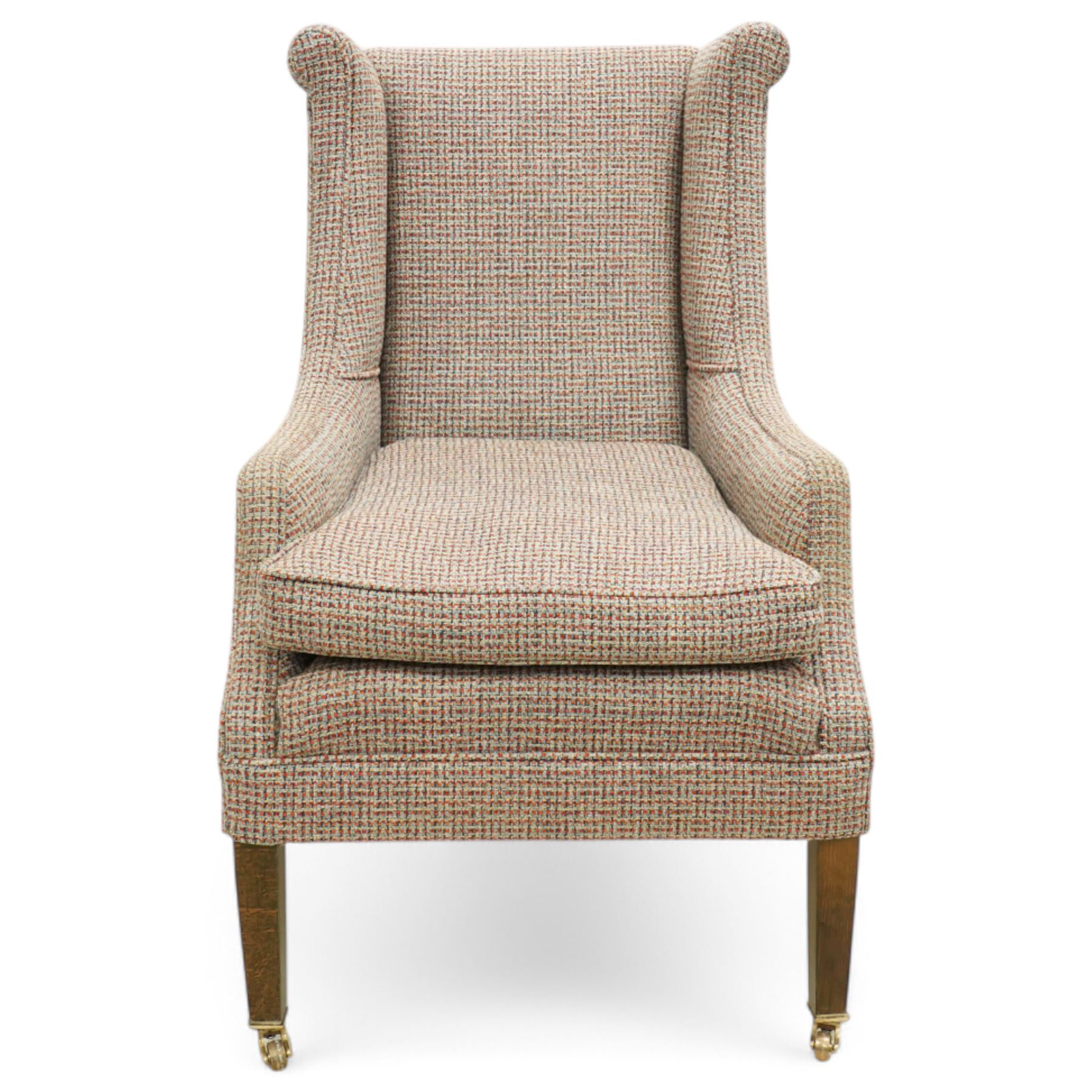 Whitehead designs - Edwardian design 'Tissington' wingback armchair on square tapering feet with castors, upholstered in pink tweed fabric