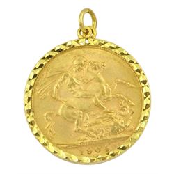 King Edward VII 1904 gold full sovereign coin, loose mounted in 9ct gold pendant hallmarked