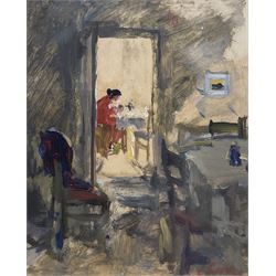 Saniya Bakhtiyarova (Russian 1949-): Sewing - Interior Scene, oil on paper signed, titled on label verso 15cm x 12.5cm 
