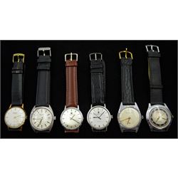 Six stainless steel and plated manual wind wristwatches including Tissot, Bulova, Bernex, Tosal Girard-Perregaux and Favre-Leuba Seachief