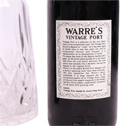 Warre's 1977 vintage port, 75cl unknown proof, two bottles, with Waterford Lismore pattern glass decanter