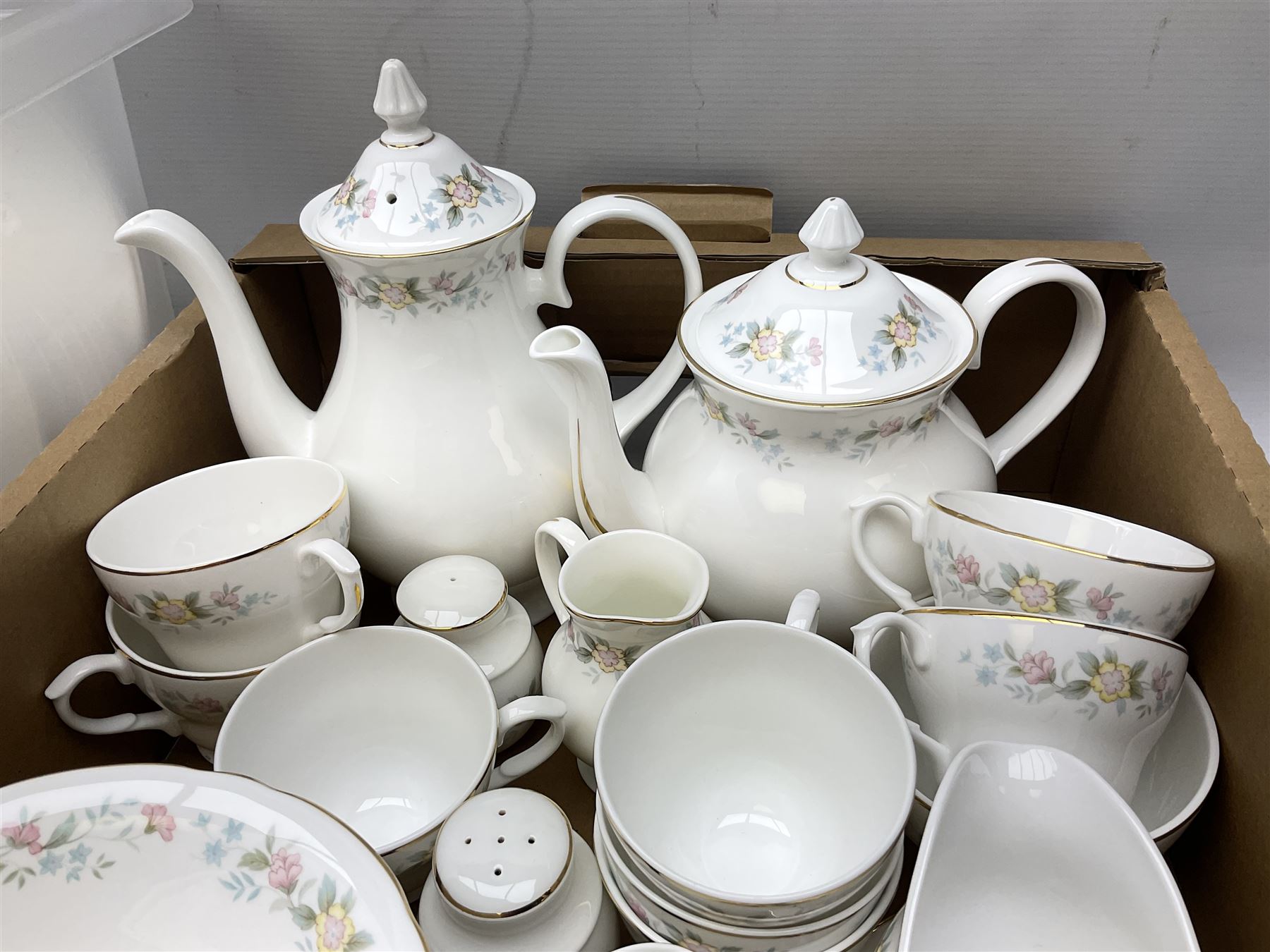 Mayfair tea and dinner wares decorated with floral design and gilding, to include lidded tureen, tea and coffee pots and cups, dinner plates etc, together wtih a quantity of Burslem Till & Sons Empire bowls etc