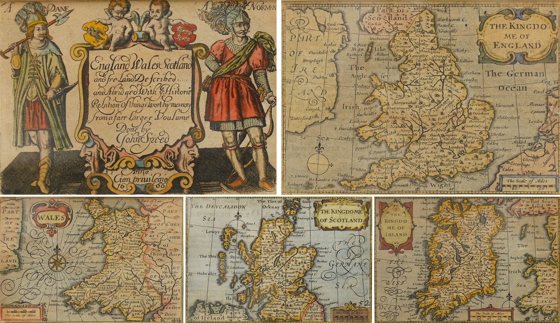 John Speed (British 1552-1629): 'England Wales Scotland and Ireland Described and Abridged', frontispiece and set of four engraved maps with hand-colouring of the British Isles from the miniature pocket-sized edition pub. c.1666, 9cm x 13cm (5)