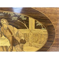 Late 19th/early 20th century mahogany and marquetry inlaid tray, of oval form with twin scrolled handles and moulded border, the central panel inlaid with figures seated at a table drinking tea, L99cm