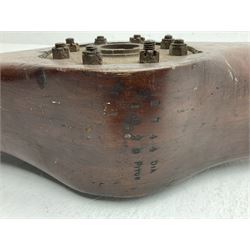 Early 20th century Avro 504 80HP Gnome laminated mahogany two-blade propeller with metal centre to the hub, stamped to the face of the hub 'AVRO Y80 80HP GNOME TYPE 504 & 504A A.I.D.29 A.I.D.32 1545' and to the sides of the hub '2744 DIA 1829 PITCH' and '1470'; traces of A.V. Roe & Co Ltd Manchester transfers to both blades L273.8cm; Auctioneer's Note: The Avro 504 was introduced in 1913 and was quickly taken up by the Royal Flying Corps as a trainer and observation machine; robust and versatile it remained in general service as a trainer until the late 1920s then widely for civilian use as a joy-rider and for stunt displays. The legendary RAF WWII ace, Douglas Bader, took instructions and would have had his first solo flight in just such a machine.