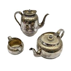 Elkington & Co. silver plate tea set, consisting teapot, coffee pot and milk jug, with engraved foliate decoration and a beaded edge