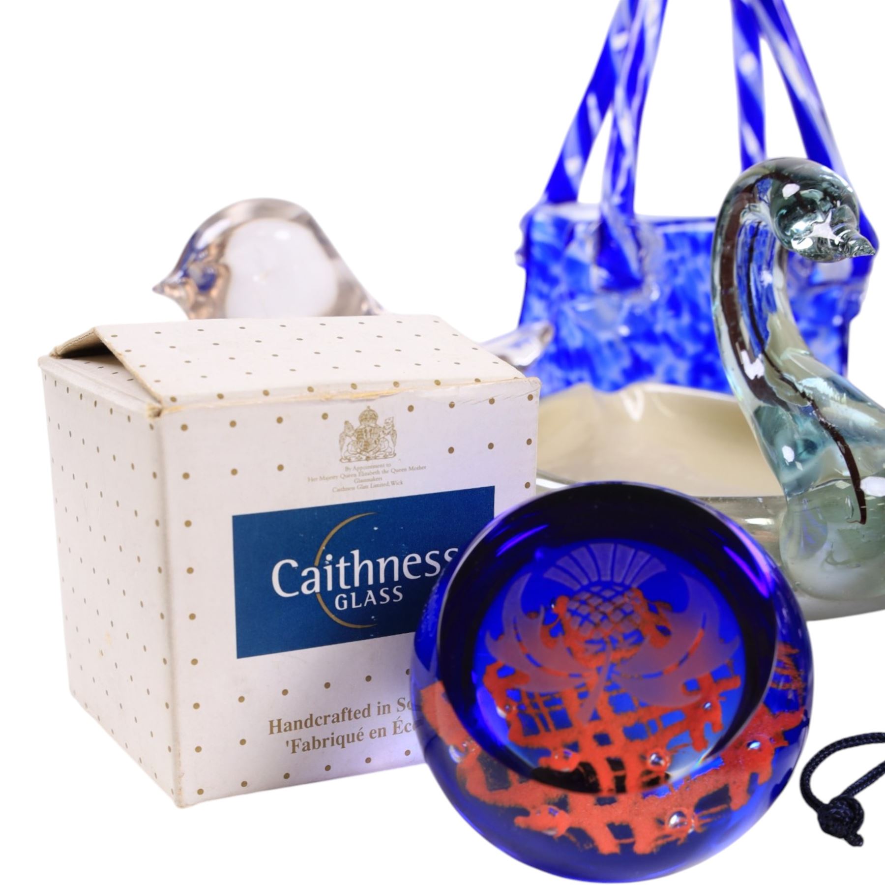 Caithness glass vases and paperweights, together with other coloured glass and glass animal figures