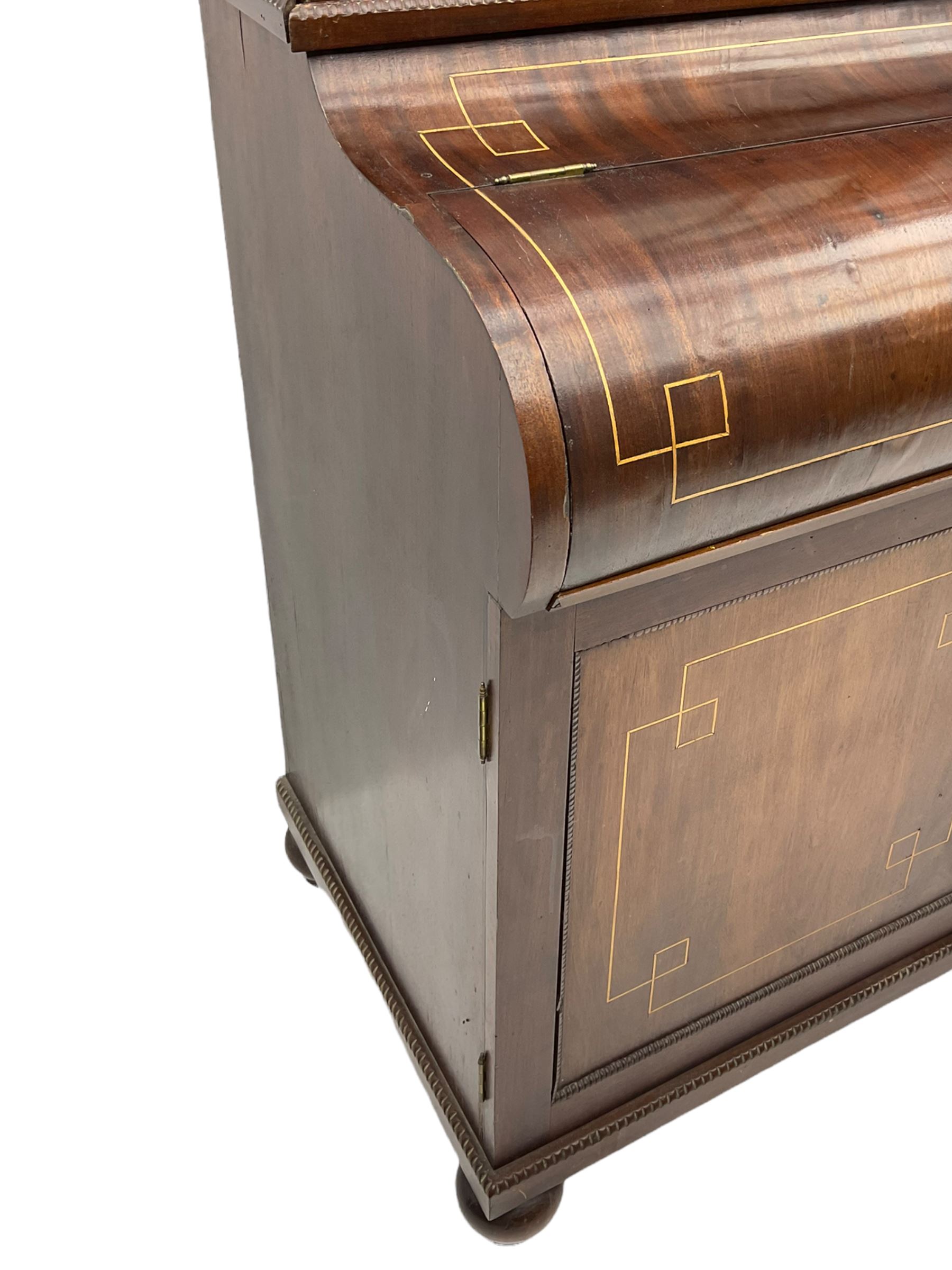 19th century mahogany piano top secretaire bookcase, two astragal doors above curved hinged retractable writing compartment, above two cupboards