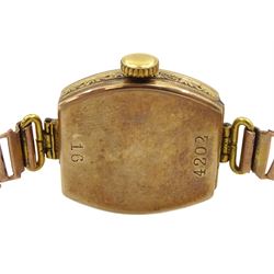 Rolex 9ct gold 15 jewel manual wind wristwatch, back case No. 4202, Glasgow import mark 1924, on a rose gold adjustable bracelet, stamped 9ct 