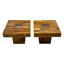 Pair of contemporary hardwood occasional tables, square tops with central recessed acrylic panels, on block pedestal bases