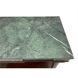 Late 19th century mahogany console or pier table, rectangular green marble top over a break-front frieze inlaid with brass scroll work panels, reed and ribbon gilt metal and wooden beaded applied mouldings, on turned and fluted front supports, plain mirror back over plinth platform base