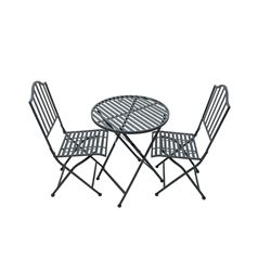 Washed grey finish metal circular garden table, strap top with X support (W60cm H74cm); and pair matching folding chairs, with slat back and strap seat (W37cm H96cm)
