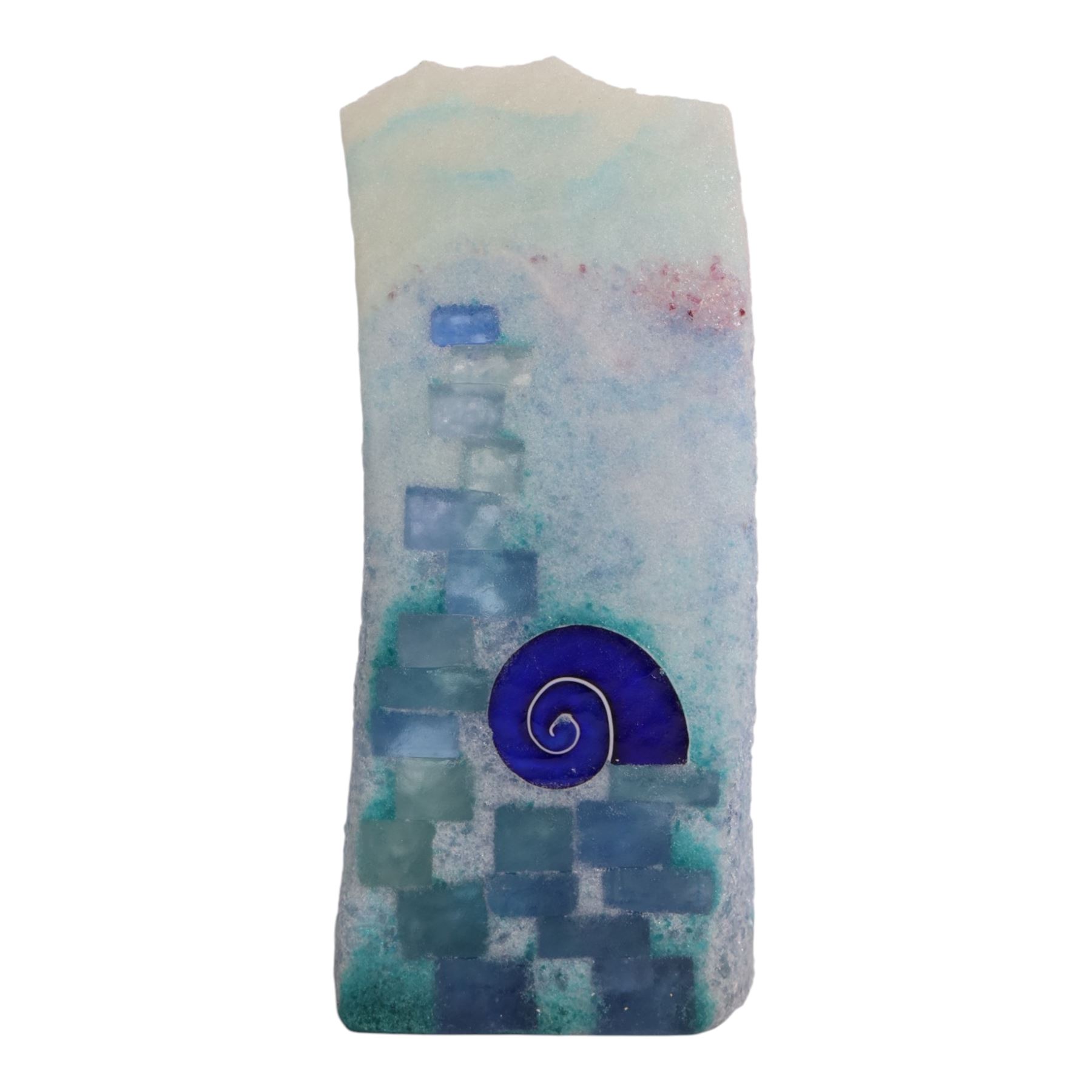 Art glass sculpture by Patrick Stern, crystallised sea theme body with rectangular & shell shaped inclusions to the reverse, signed to base, H29cm