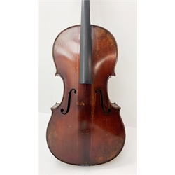  Mid-19th century German cello with 76cm two-piece maple back and ribs and spruce top, bears label Franz Janisch, Wein, VII Neubrugasse 184(?), 124cm overall, in modern soft carrying case   