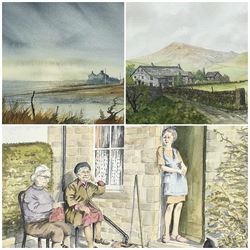 Doris Hindle (British 20th century): 'Backyard Gossips', watercolour signed;  Arthur Craven (British 20th century): 'Ravenscar Cumbria', watercolour signed, labelled verso; R BlakeHarper (British 20th century): 'Farm on Baitings Road Toward Rishworth', watercolour signed and dated 2006 max 34cm x 40cm (3)