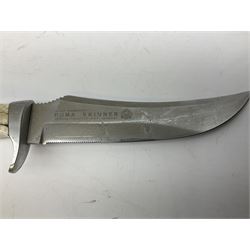 German Puma Skinner knife, the 13cm steel blade marked model 6393, serial No.55472 to guard, fixed blade, antler scales; in original hard plastic case; with brown leather sheath L29cm overall