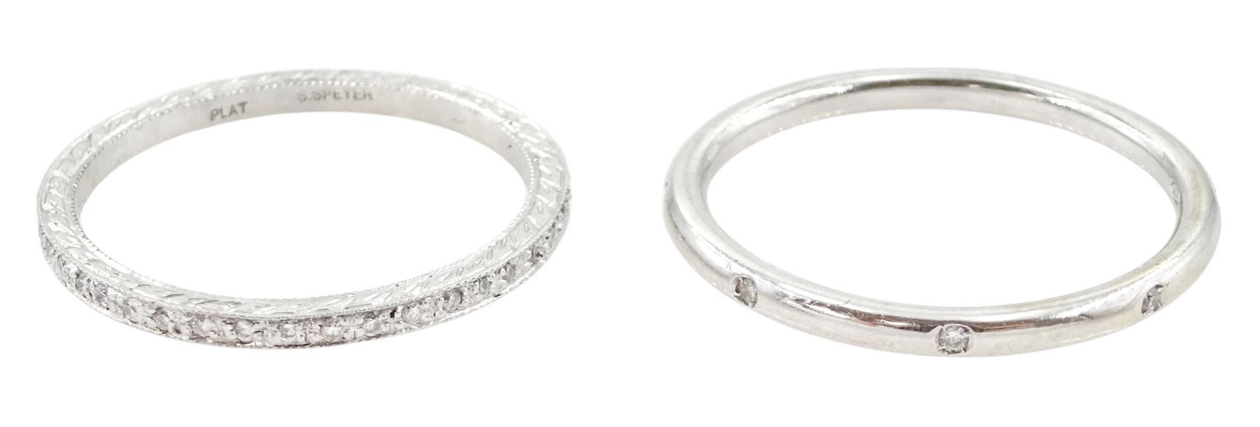 18ct white gold rubover set, seven stone round brilliant cut diamond full eternity ring, hallmarked and a platinum diamond full eternity ring, the sides with engraved decoration by Sheldon Speyer, stamped Plat