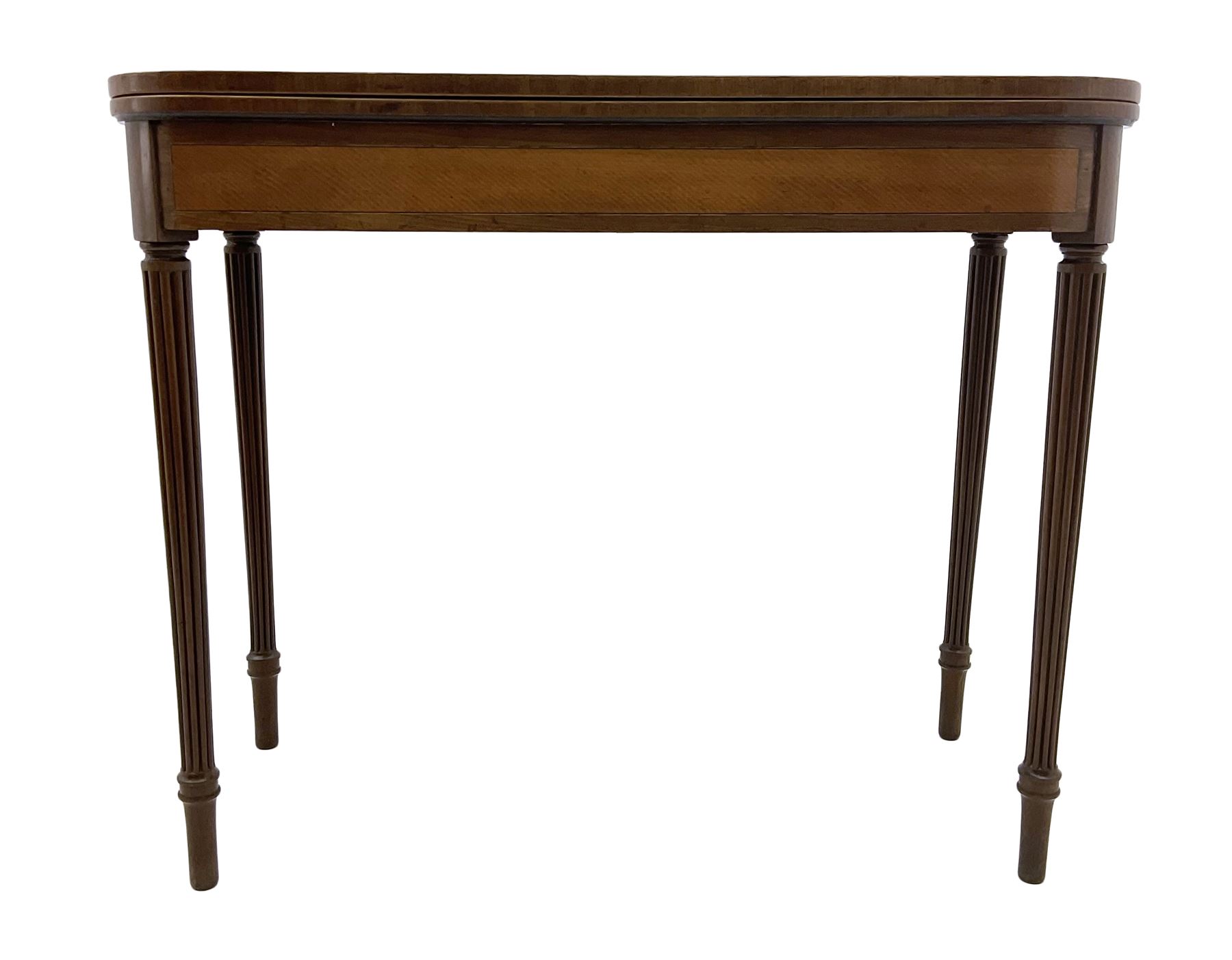 Early 19th century tea table, rectangular fold-over top with rounded corners, the frieze and sides inlaid with satinwood panels, double gate-leg action base, on reeded supports 