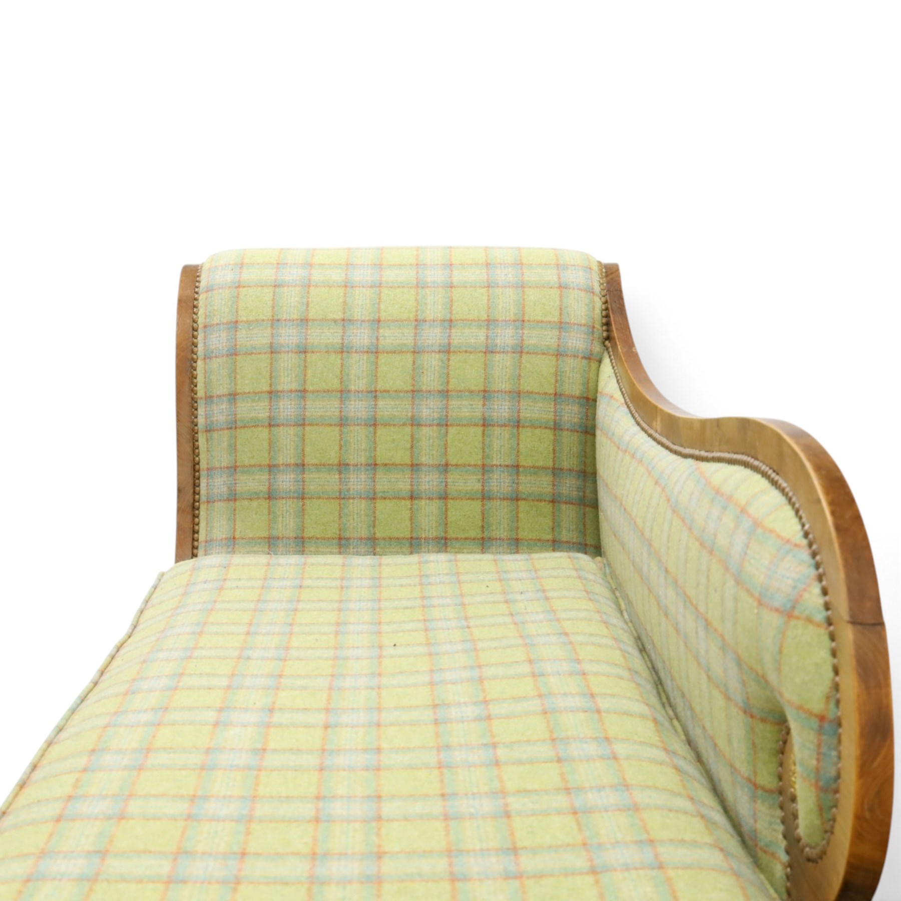  19th century scumbled oak chaise longue upholstered in tartan fabric, swept frame with gilt mounts, studded border with loose base cushion, raised on turned bobbin supports terminating brass castors