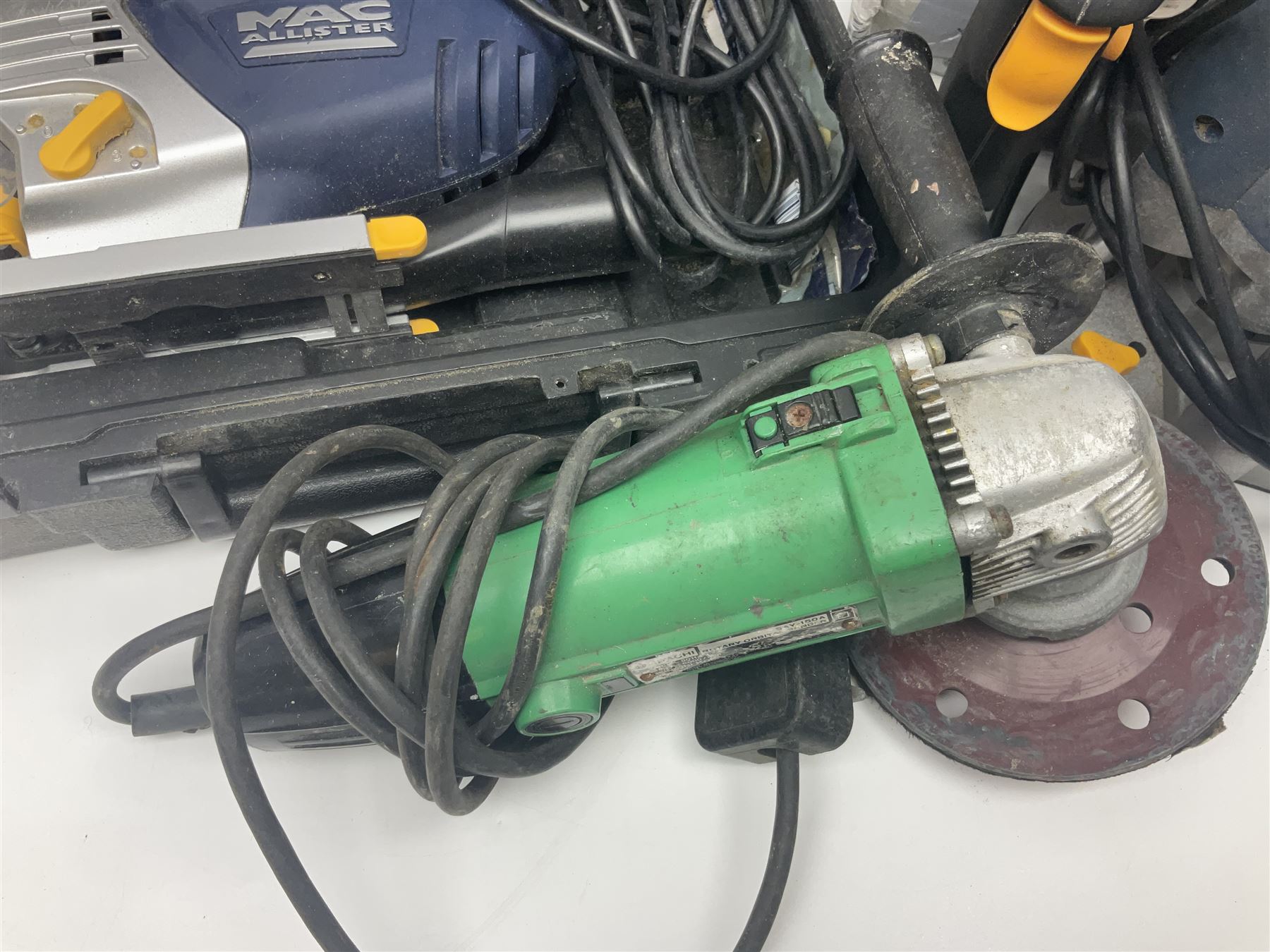 Collection of tools, comprising grinder electric, cased Mac Allister jigsaw, Power craft router