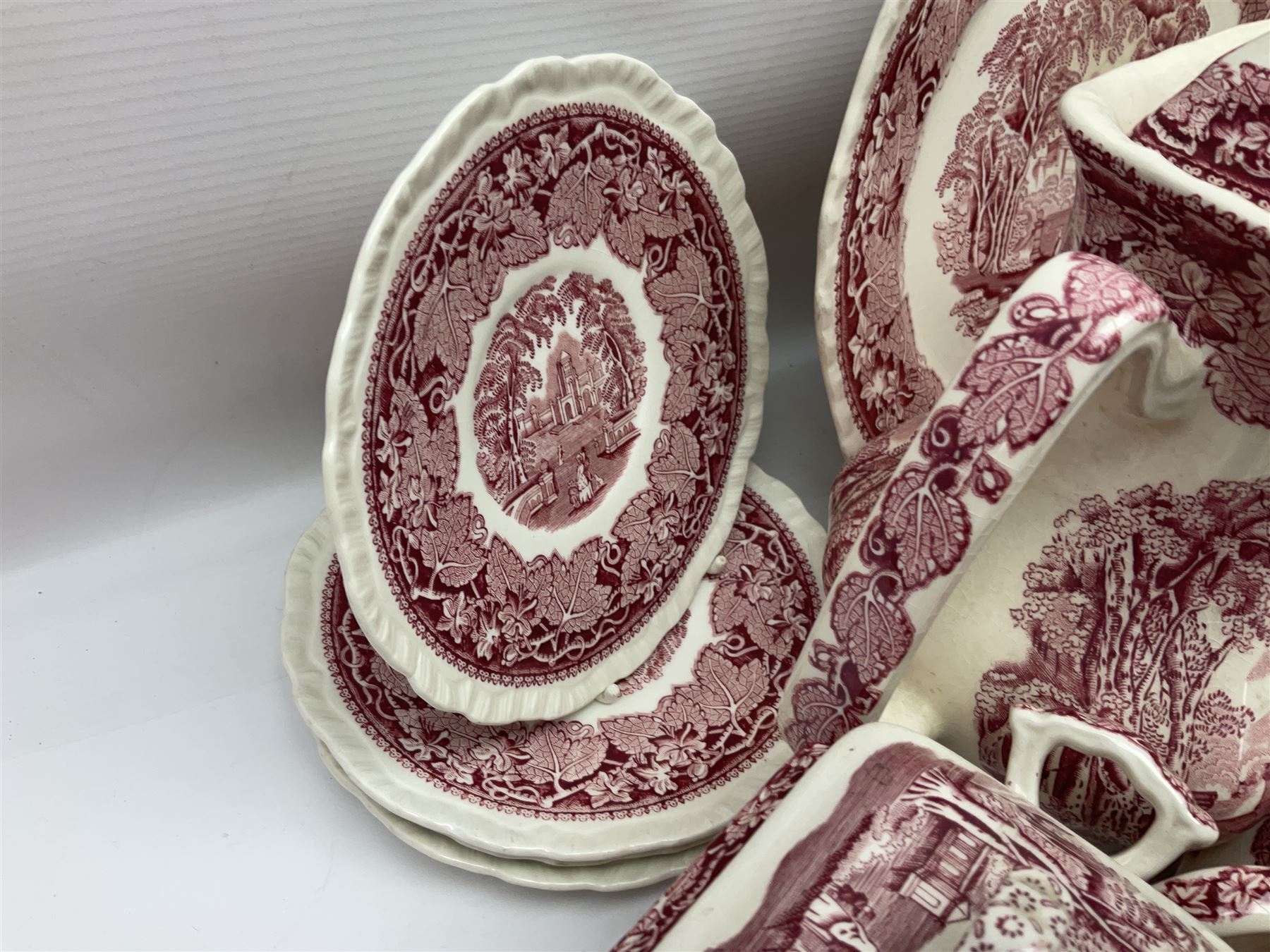 Masons Vista pattern ceramics, including coffee pot, sauce boat, twin handled jar and cover, teapots, mugs, etc 