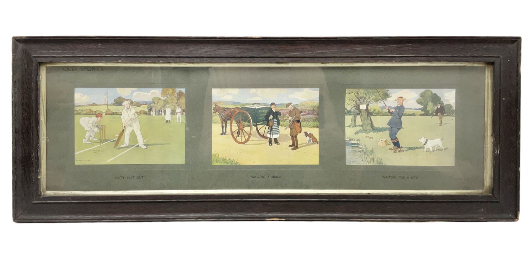 Victor Venner: 'Old Sports' set of three framed chromolithographs, 'Sixty Not Out', 'Bagging a Brace' and Waiting for a Bite' 