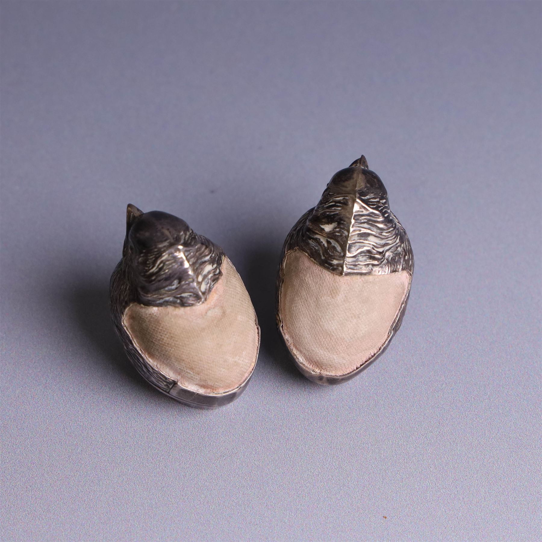 Two Edwardian novelty silver chick pin cushions, hallmarked Sampson Mordan & Co Ltd, Chester 1907