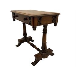 Victorian rosewood stretcher table, moulded rectangular top with rounded corners over single drawer, turned and carved twin pillar supports on platforms joined by turned stretcher, scroll carved feet