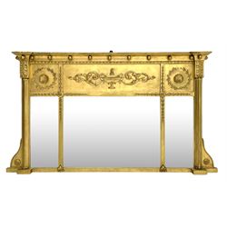 19th century Adams style giltwood and gesso overmantel pier mirror, the frieze panels decorated with laurel wreaths, scrolled foliage, urn and shell motifs, three sectional bevelled plates, reeded pilasters