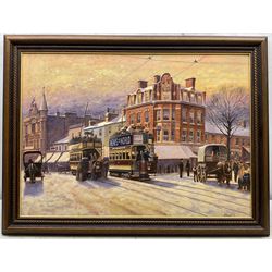 Robert Nixon (British 1955-): Tramway in the Snow, oil on canvas board signed and dated '97, 43cm x 60cm