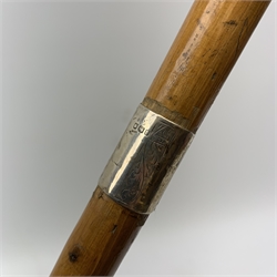 Three silver mounted walking canes, the first hallmarked Kendall & Sons Ltd, London, date letter worn and indistinct, the second hallmarked Birmingham 1924, maker's mark C&S, the third marked Sterling Silver, C&S. 