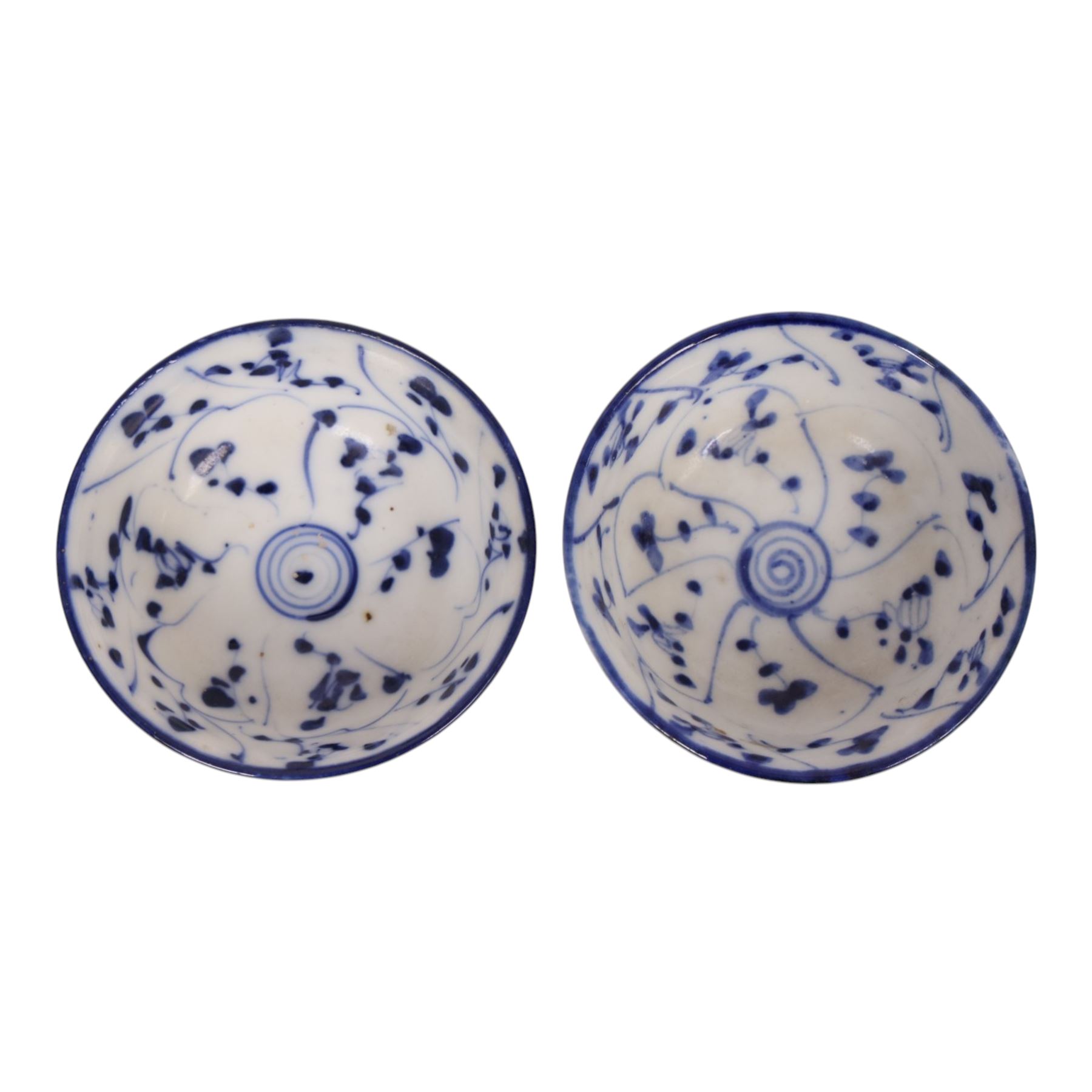 Five 18th century Qing Dynasty export coffee cups, all similar decoration in blue and white with gilt detail, together with two tea bowls  