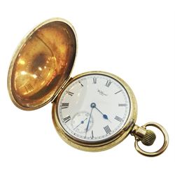 Early 20th century gold-plated full hunter keyless lever presentation Traveler pocket watch by Waltham U.S.A, No. 27694239, white enamel dial with Roman numerals and subsidiary seconds dial