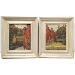 Paule Bisman (Belgian 1897-1973): Franc-Waret Castle, pair oils on panel signed and dated 1923, titled verso 26cm x 20cm