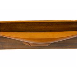 Ship builders half block pitch pine hull model upon mahogany backboard, bearing plaque 'Troll 1905', L103.5cm H35cm