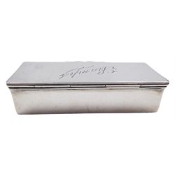 Late Victorian silver stamp box, of plain rectangular form, the hinged cover engraved 'Stamps', opening to reveal a gilt interior, hallmarked Mappin Brothers, Chester 1900, L7.5cm, approximate weight 1.89 ozt (58.8 grams)